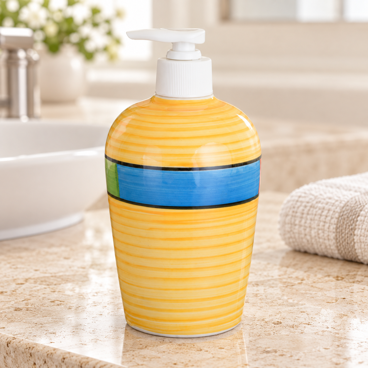 KunhaR Ceramic Long-Lasting Liquid Handwash Soap Dispenser for Bathroom | Handwash Bottle for Kitchen | Soap Dispenser for Wash Basin | Bathroom Accessories - Yellow, 450ml