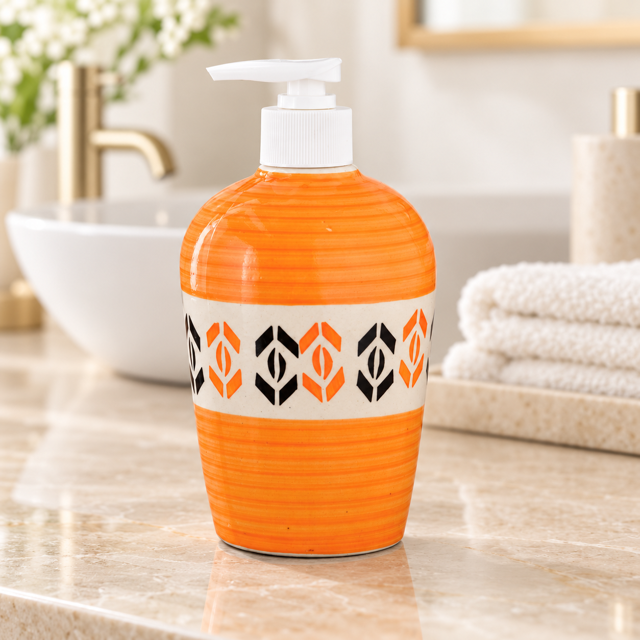 KunhaR Ceramic Long-Lasting Liquid Handwash Soap Dispenser for Bathroom | Handwash Bottle for Kitchen | Soap Dispenser for Wash Basin | Bathroom Accessories - Orange, 450ml