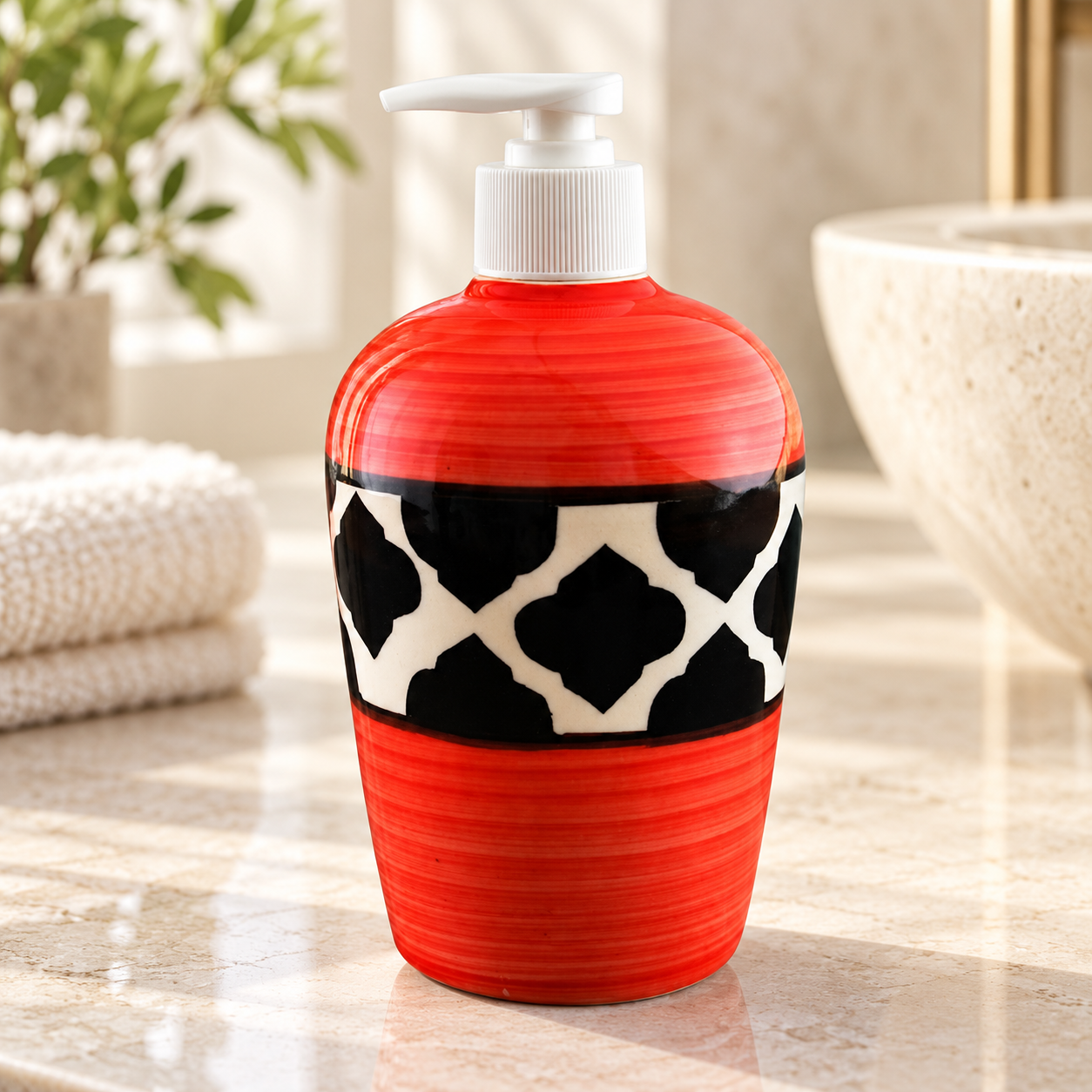 KunhaR Ceramic Liquid Soap Dispenser, Handwash Dispenser - Red Black Chidi, 450ml