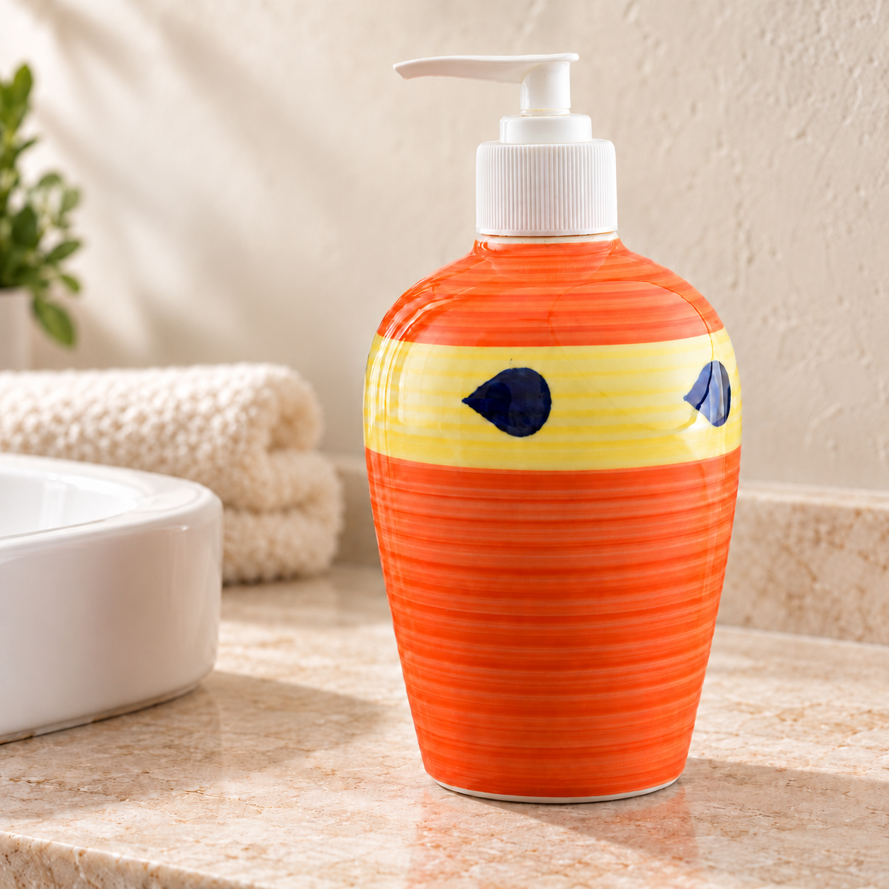 KunhaR Ceramic Liquid Soap Dispenser, Handwash Dispenser - Orange Yellow, 450ml