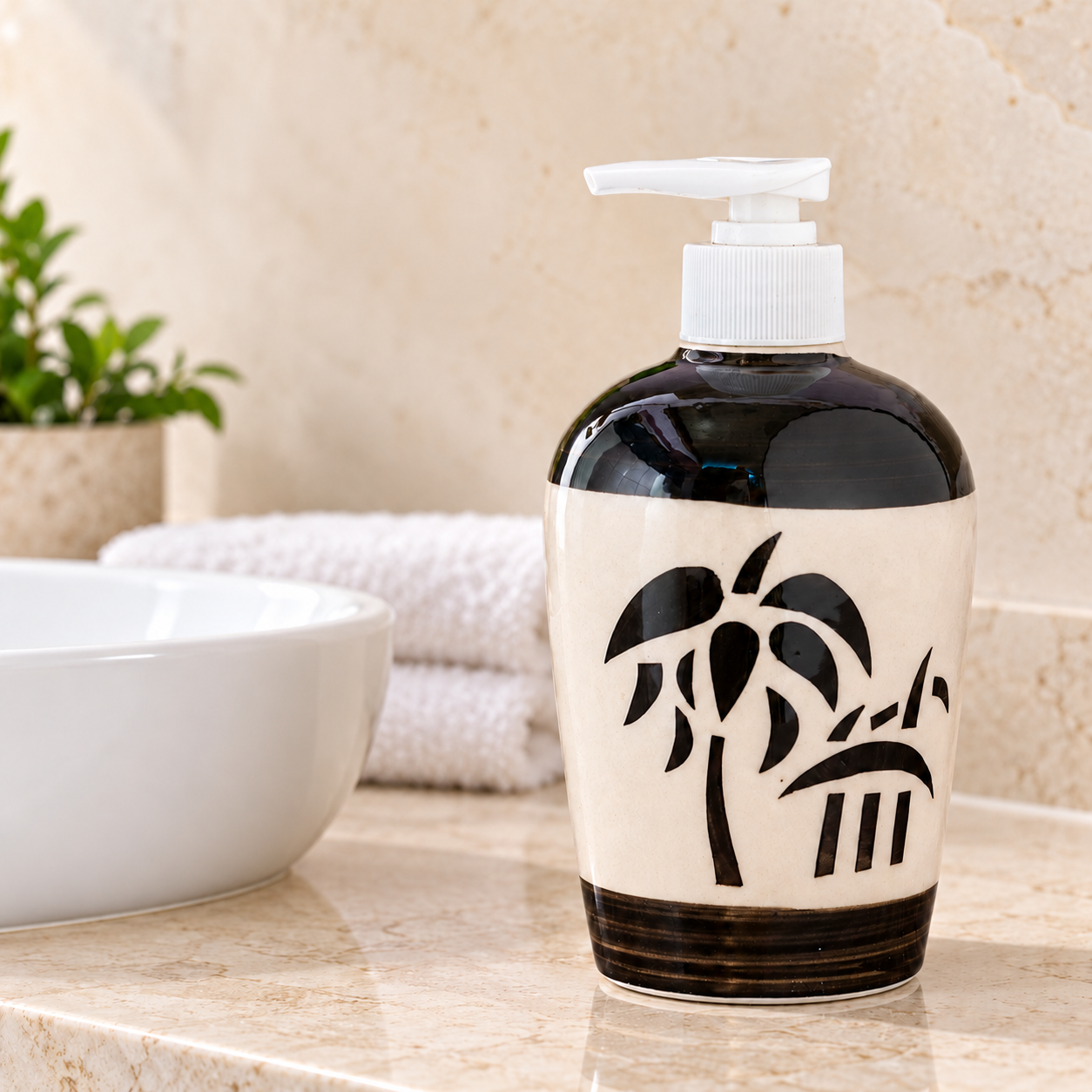 KunhaR Ceramic Liquid Soap Dispenser, Handwash Dispenser - Black Palm Leaf, 450ml