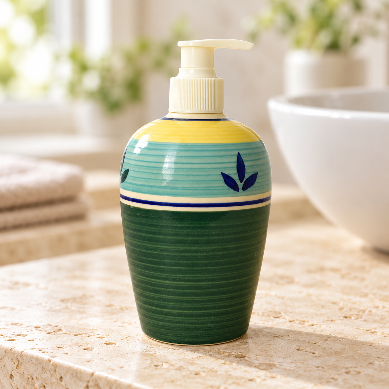 KunhaR Ceramic Long-Lasting Liquid Handwash Soap Dispenser for Bathroom | Handwash Bottle for Kitchen | Soap Dispenser for Wash Basin | Bathroom Accessories | 450 ml, 1 Piece, Racing Green