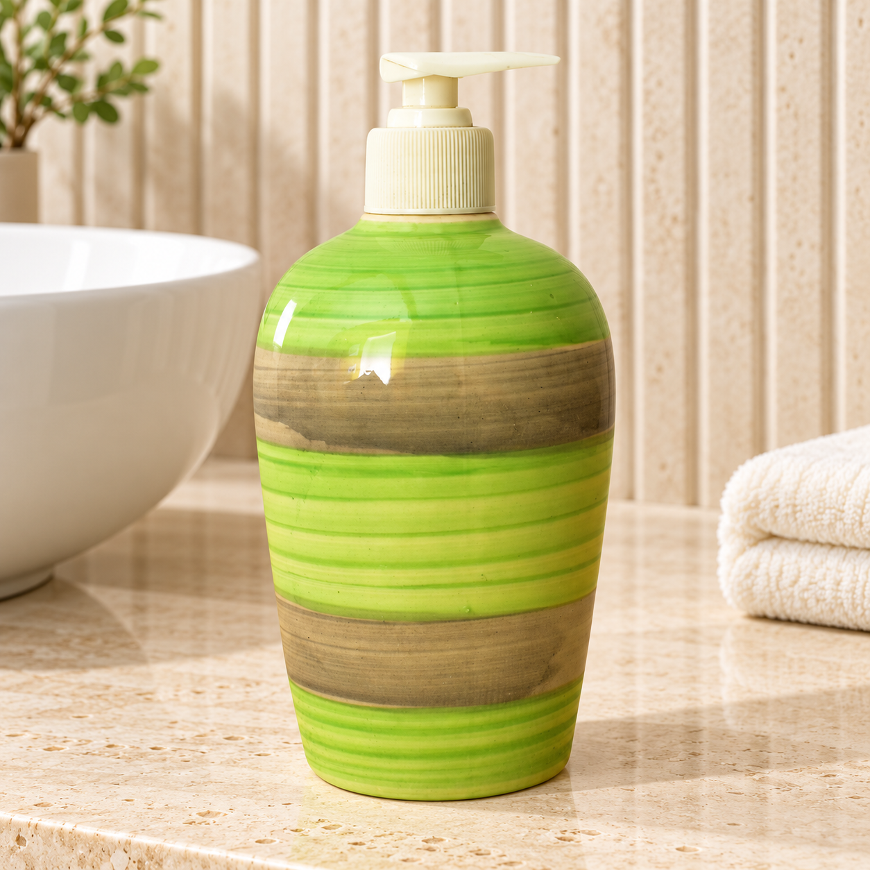 KunhaR Ceramic Long-Lasting Liquid Handwash Soap Dispenser for Bathroom | Handwash Bottle for Kitchen | Soap Dispenser for Wash Basin | Bathroom Accessories | 450 ml, 1 Piece, Muddy Green