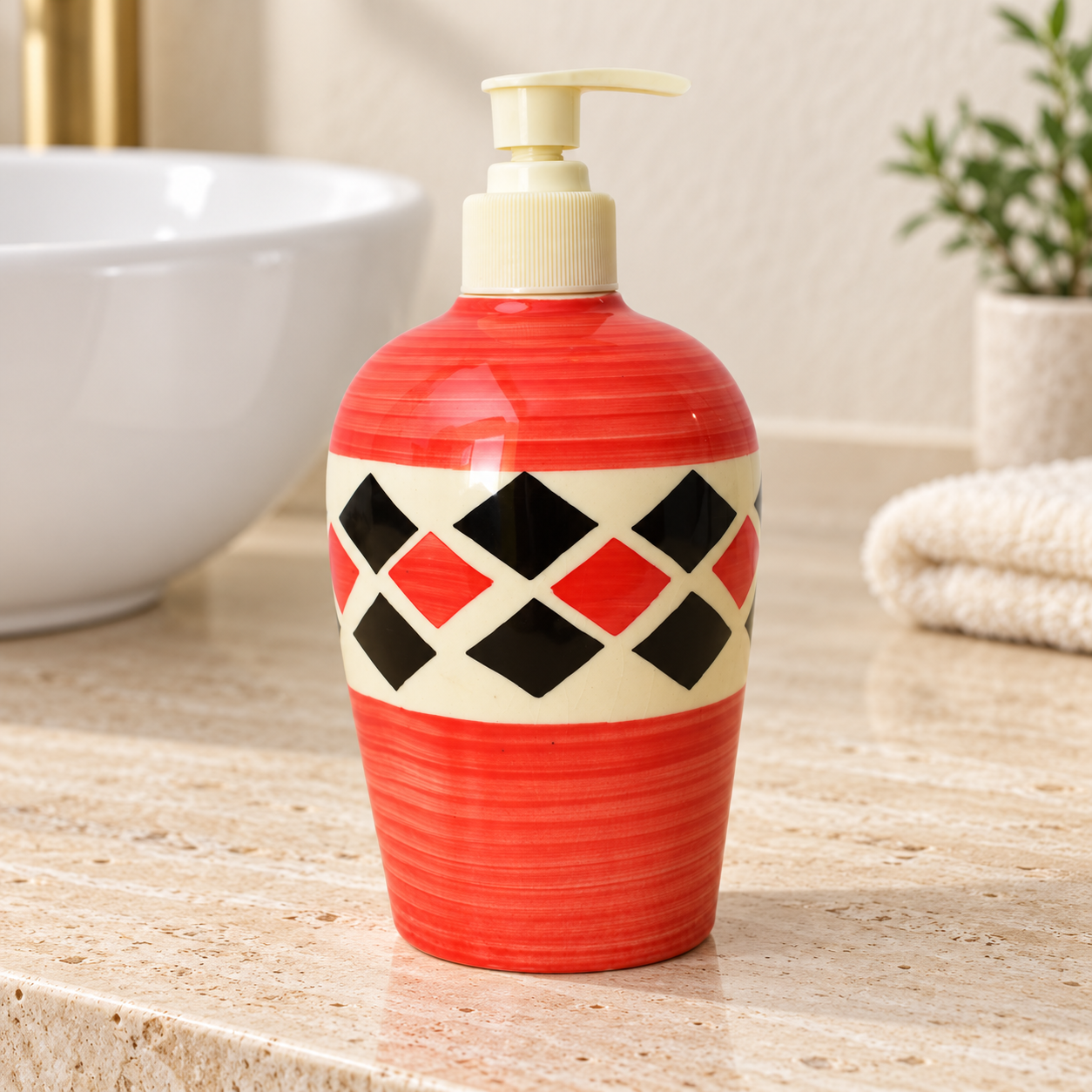 KunhaR Ceramic Long-Lasting Liquid Handwash Soap Dispenser for Bathroom | Handwash Bottle for Kitchen | Soap Dispenser for Wash Basin | Bathroom Accessories | 450 ml, 1 Piece, Coral Red
