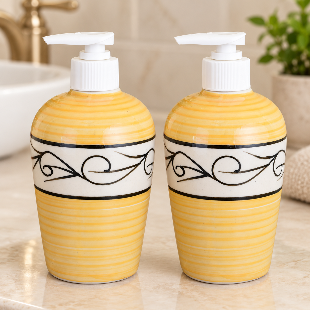 KunhaR Ceramic Liquid Soap Dispenser - Yellow Line, 450ml, 2 Pieces