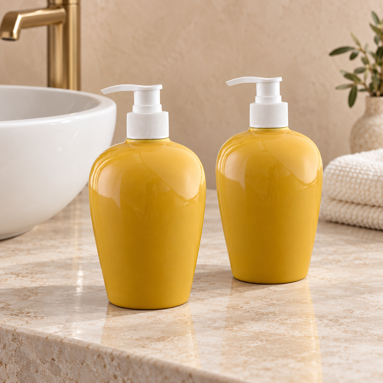 KunhaR Ceramic Liquid Soap Dispenser - Yellow Plane, 450ml, 2 Pieces