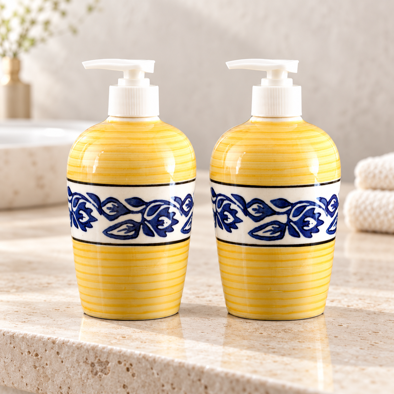 KunhaR Ceramic Liquid Soap Dispenser - Yellow Blue Vine, 450ml, 2 Pieces
