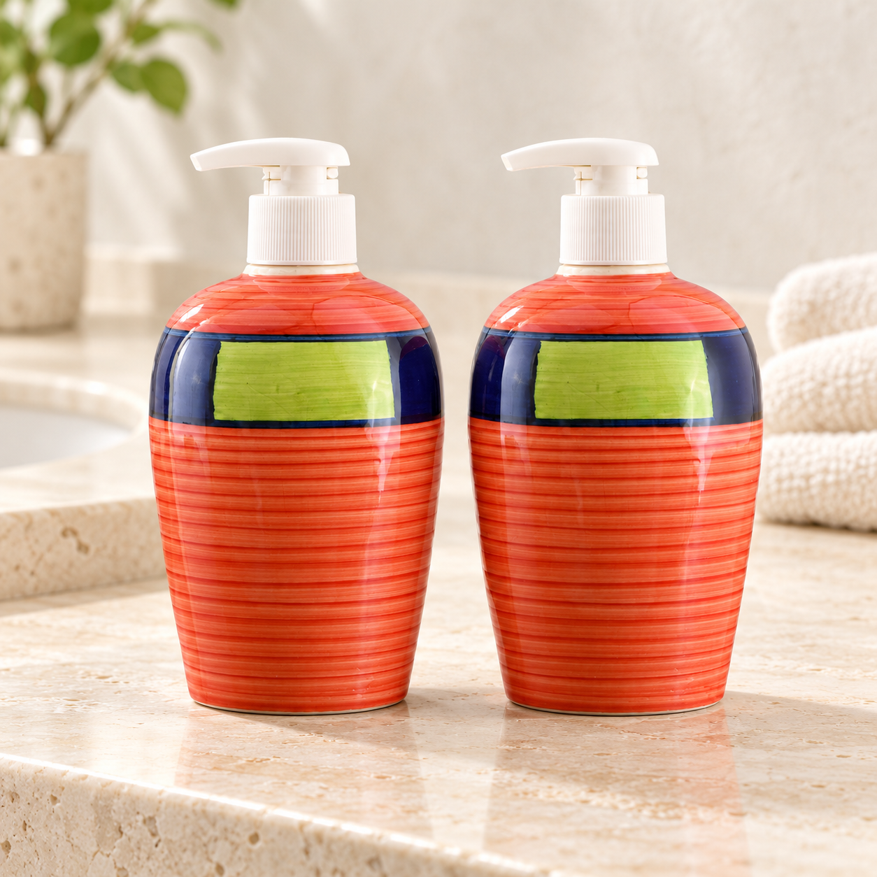 KunhaR Ceramic Liquid Soap Dispenser - Red Multicolor, 450ml, 2 Pieces