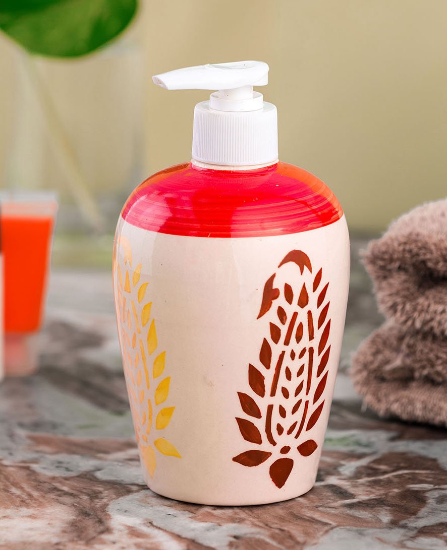 KunhaR Ceramic Liquid Soap Dispenser - Red White Leaf, 450ml, 2 Pieces