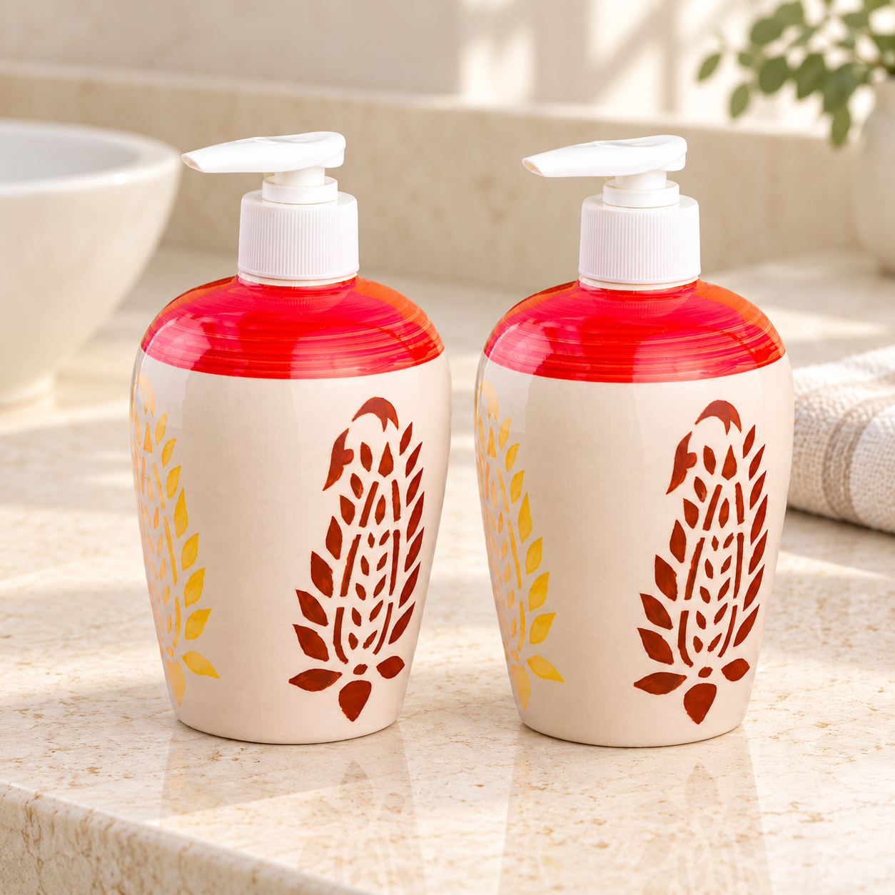 KunhaR Ceramic Liquid Soap Dispenser - Red White Leaf, 450ml, 2 Pieces