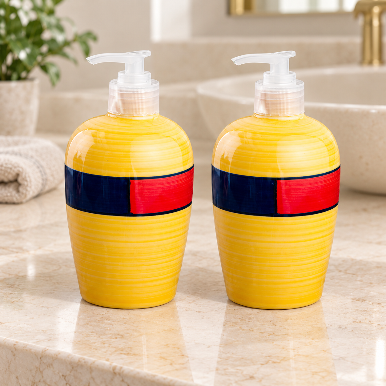 KunhaR Ceramic Liquid Soap Dispenser - Yellow Multicolor, 450ml, 2 Pieces