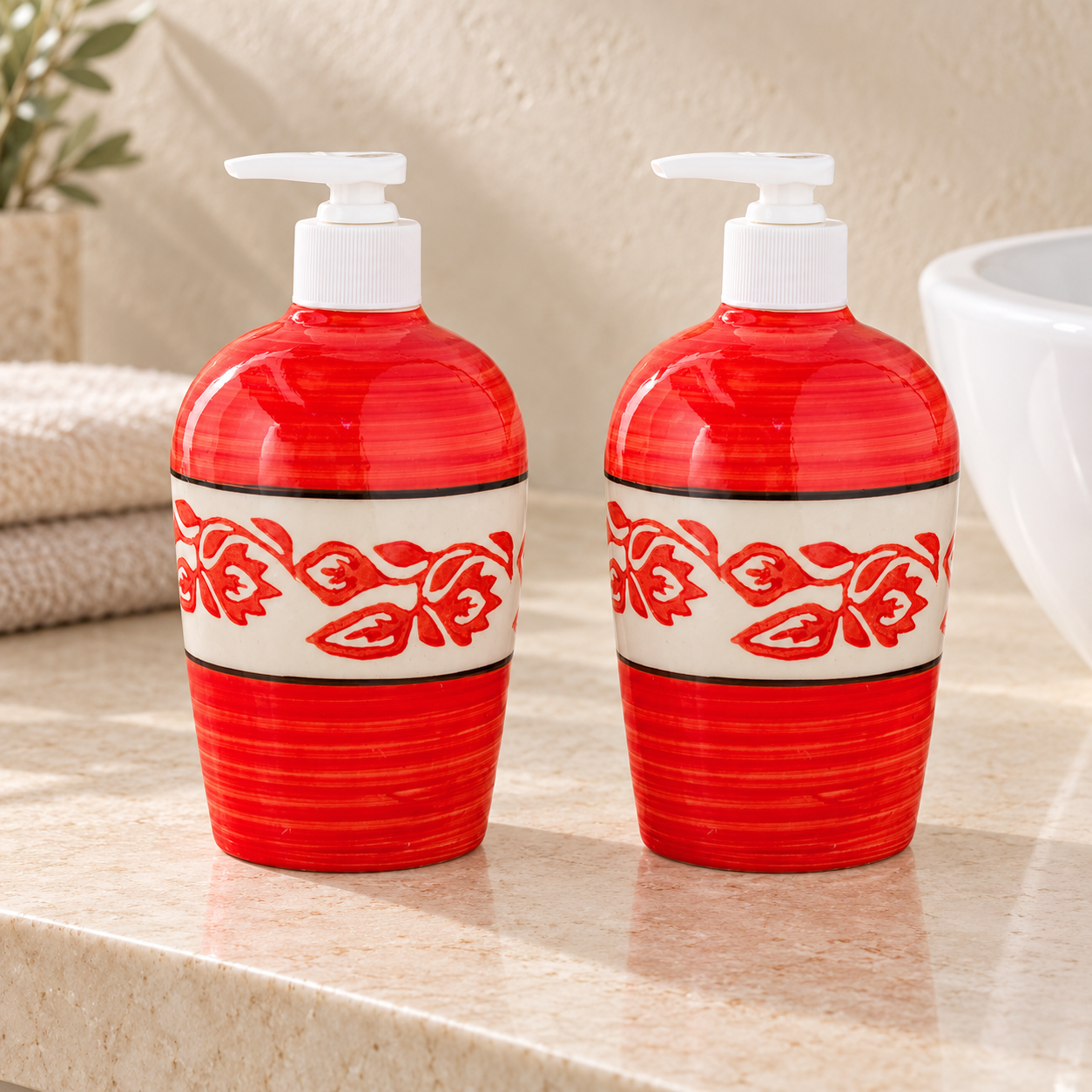 KunhaR Ceramic Liquid Soap Dispenser - Red Vine, 450ml, 2 Pieces