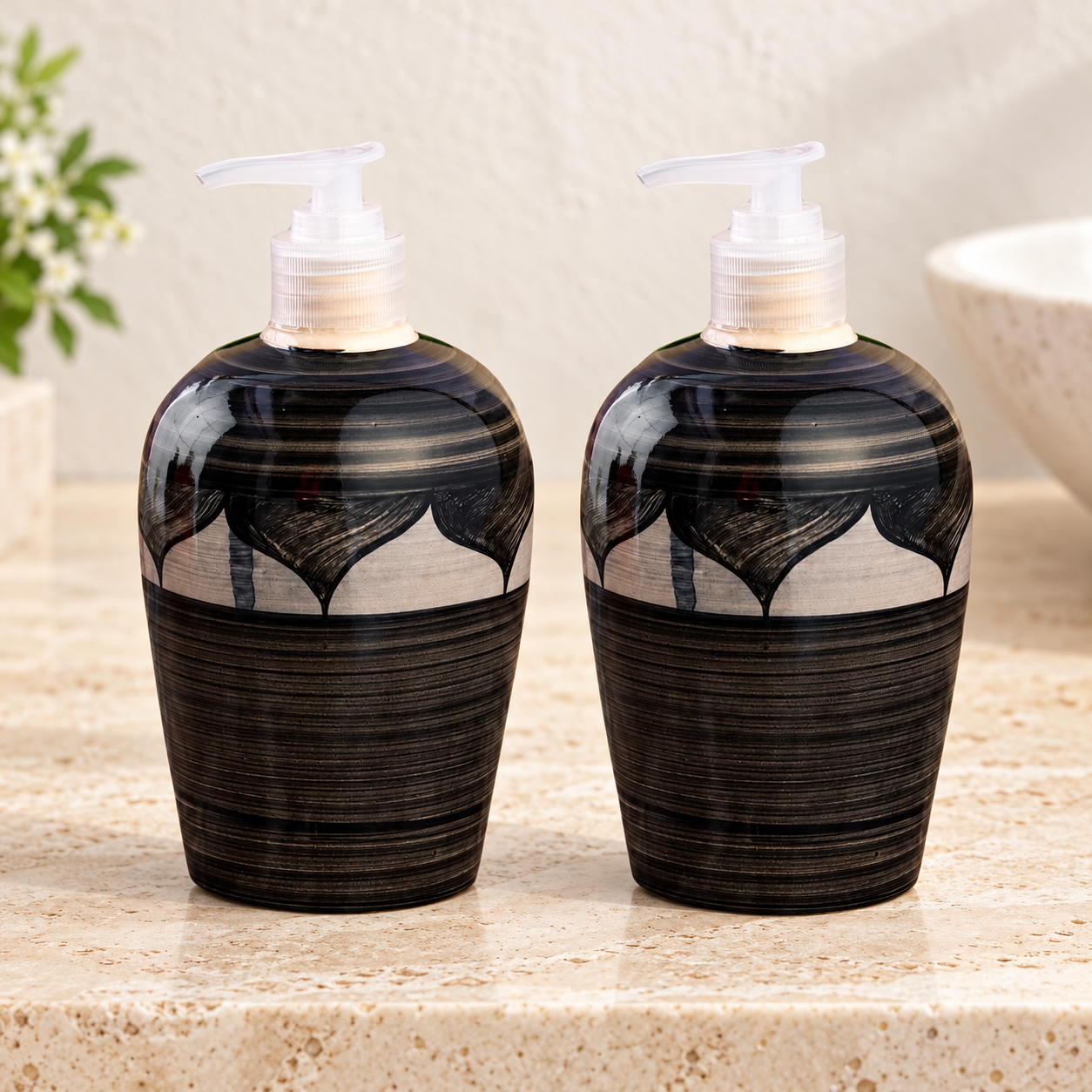 KunhaR Ceramic Liquid Soap Dispenser - Black, 450ml, 2 Pieces