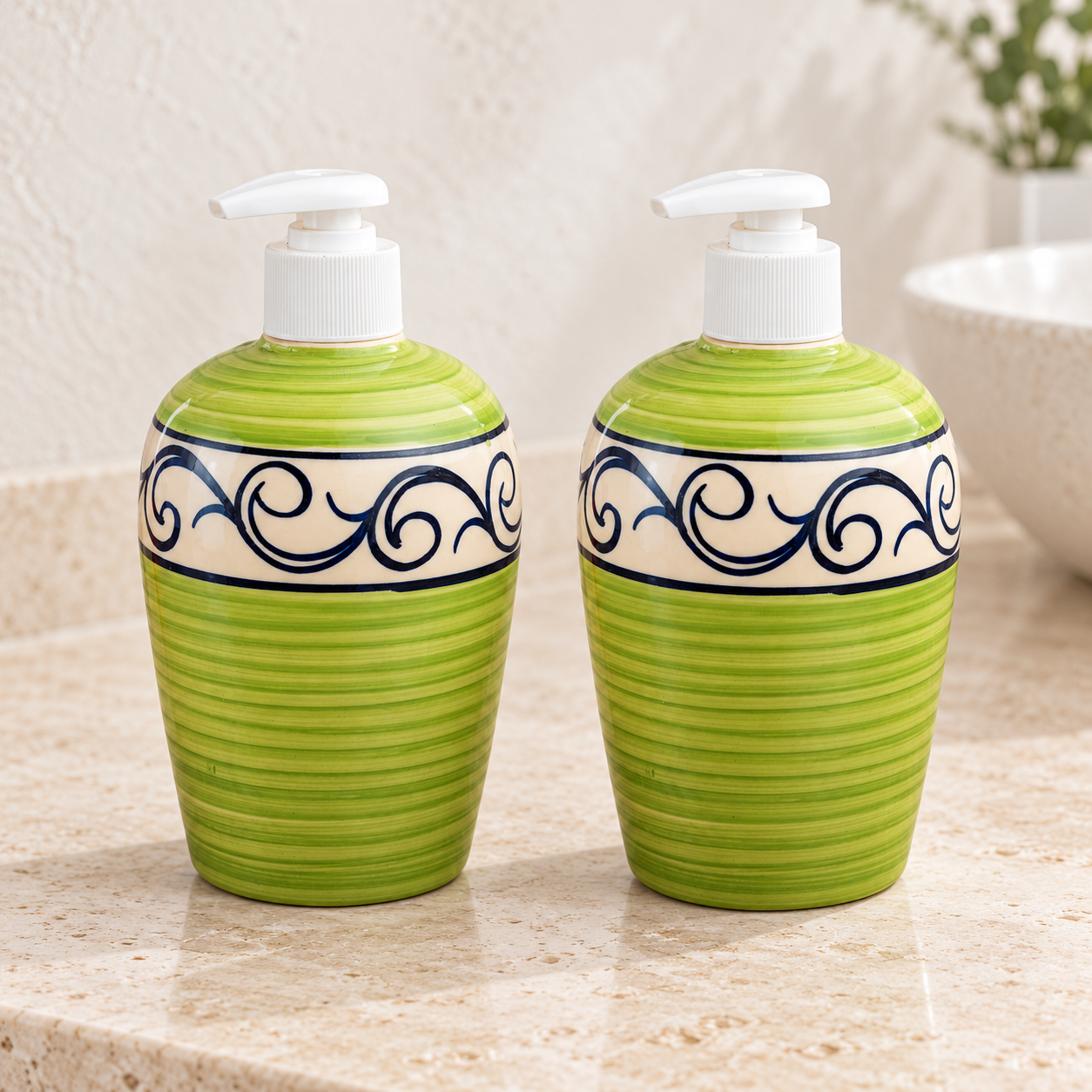 KunhaR Ceramic Liquid Soap Dispenser - Green Line, 450ml, 2 Pieces