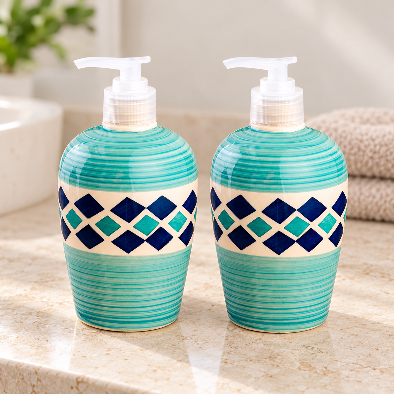 KunhaR Ceramic Liquid Soap Dispenser - SkyBlue Brick, 450ml, 2 Pieces