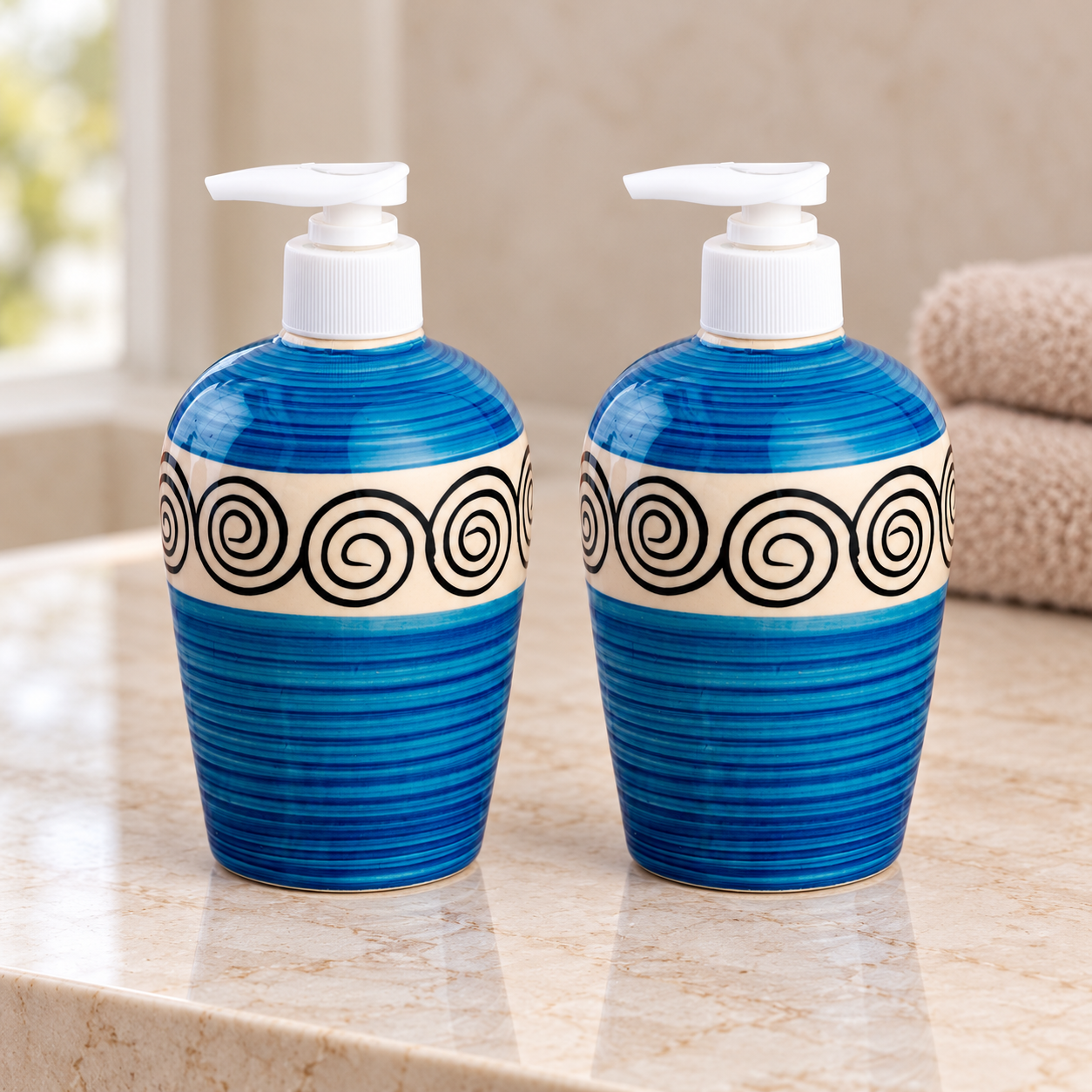 KunhaR Ceramic Liquid Soap Dispenser - SkyBlue Line, 450ml, 2 Pieces