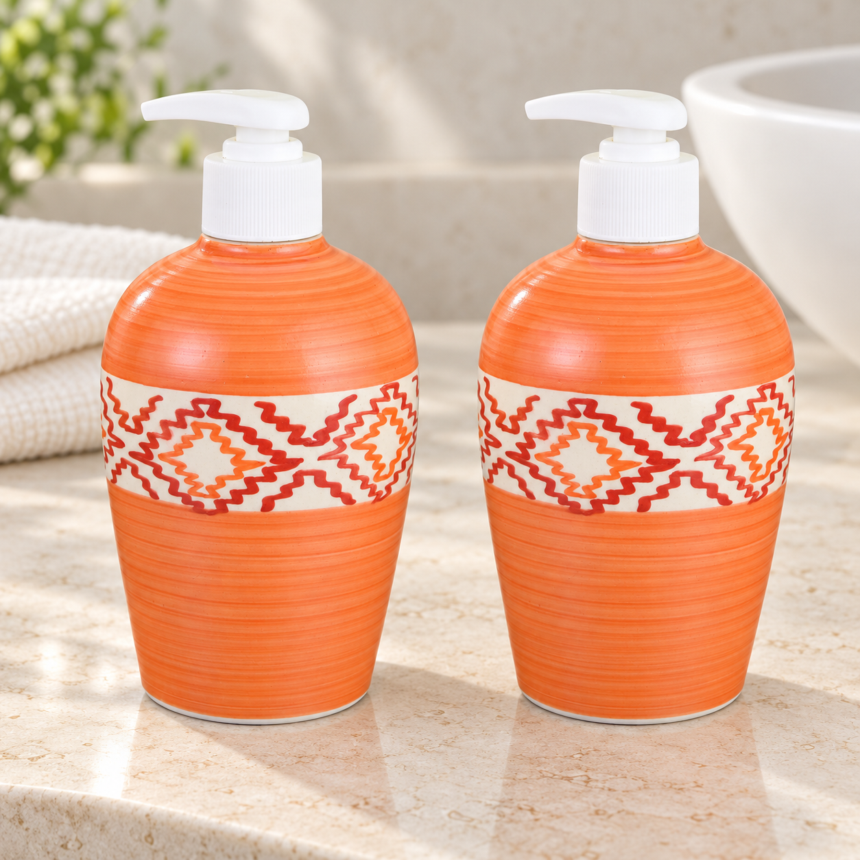 KunhaR Ceramic Liquid Soap Dispenser - Orange, 450ml, 2 Pieces