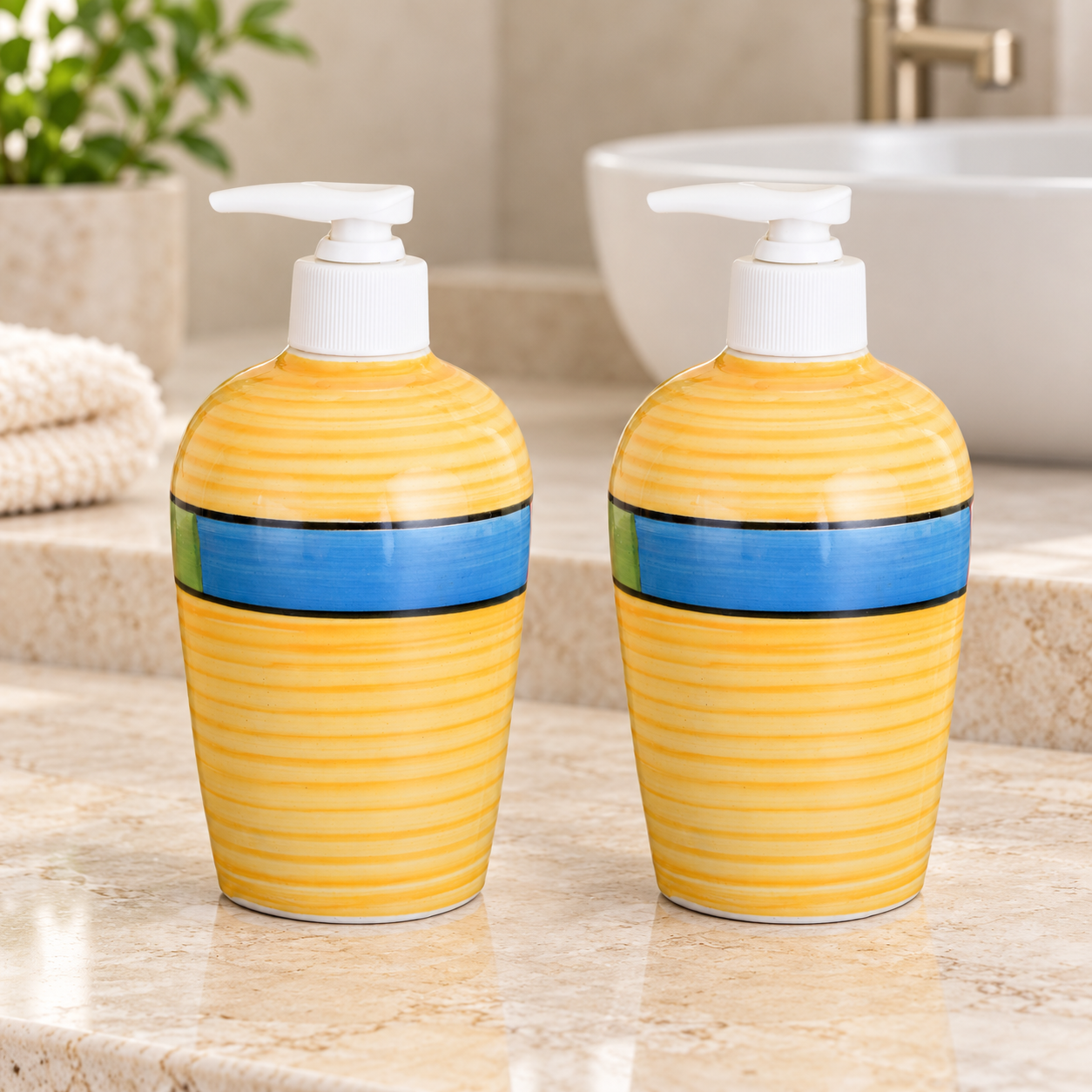 KunhaR Ceramic Liquid Soap Dispenser - Yellow, 450ml, 2 Pieces