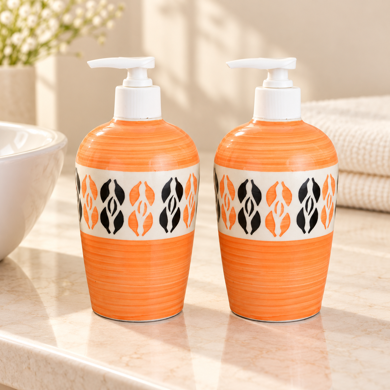 KunhaR Ceramic Liquid Soap Dispenser, Handwash Dispenser - Orange, 450ml, 2 Pieces