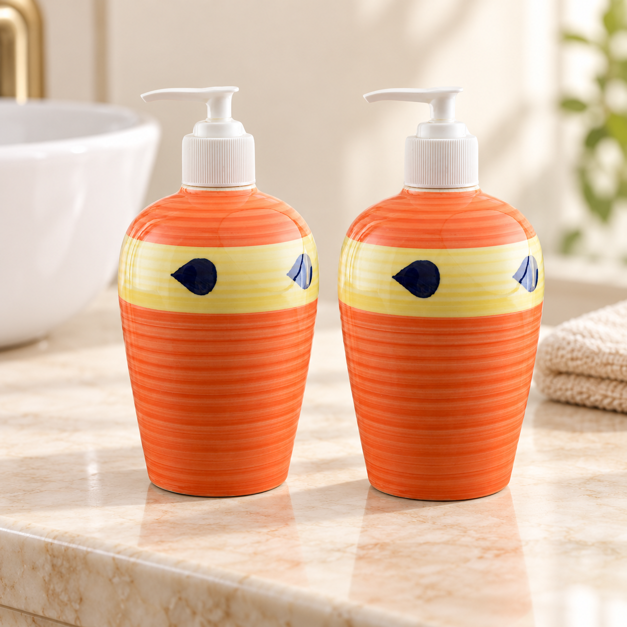 KunhaR Ceramic Liquid Soap Dispenser, Handwash Dispenser - Orange Yellow, 450ml, 2 Pieces