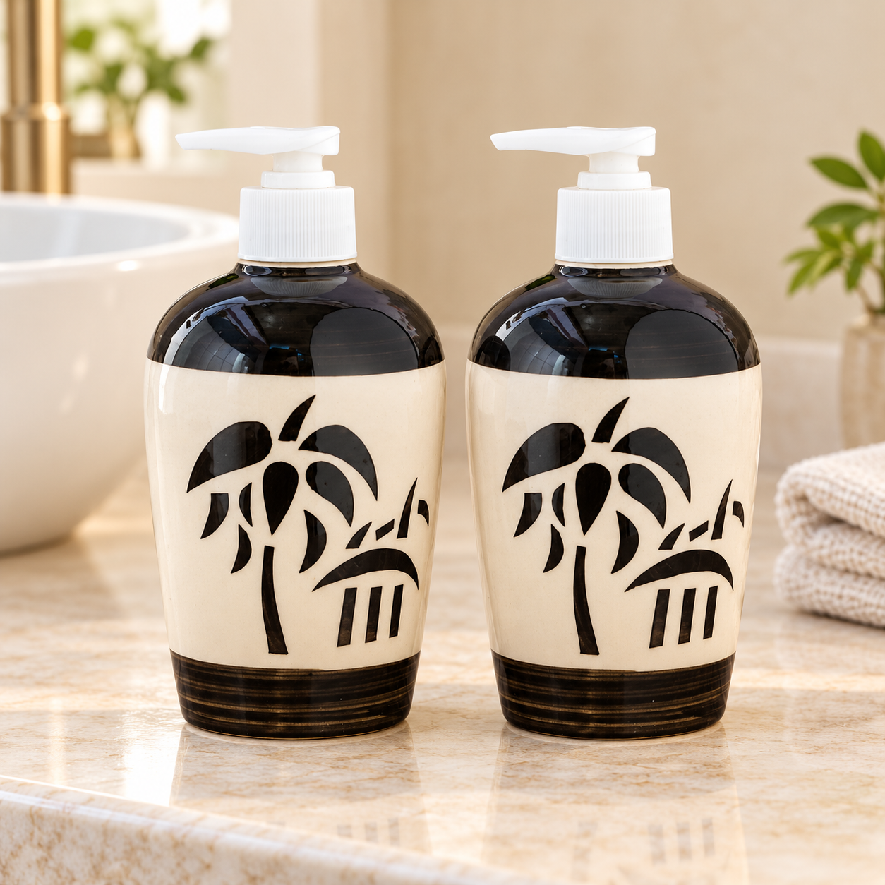 KunhaR Ceramic Liquid Soap Dispenser, Handwash Dispenser - Black Palm Leaf, 450ml, 2 Pieces