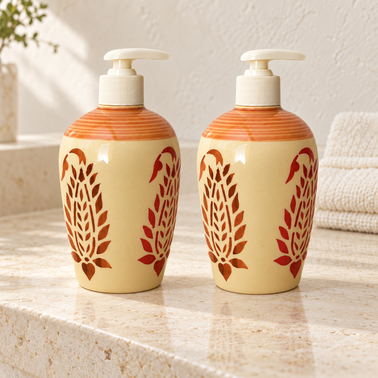 KunhaR Ceramic Long-Lasting Liquid Handwash Soap Dispenser for Bathroom | Handwash Bottle for Kitchen | Soap Dispenser for Wash Basin | Bathroom Accessories | 450 ml, 2 Pieces, Brown Rust
