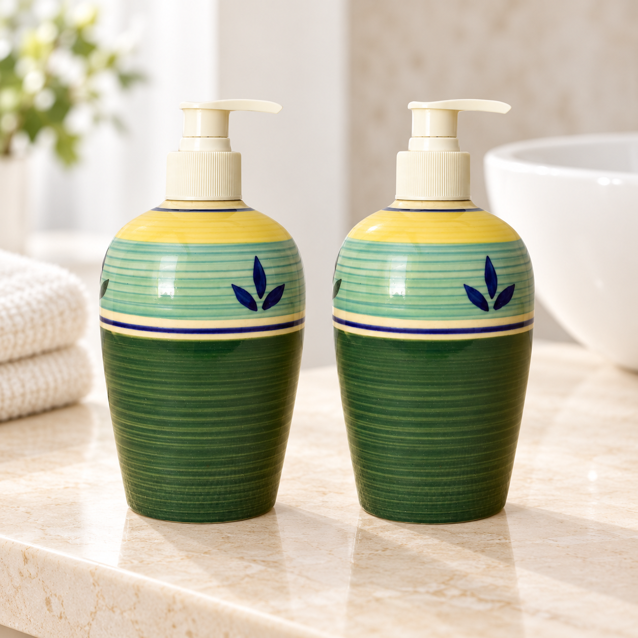 KunhaR Ceramic Long-Lasting Liquid Handwash Soap Dispenser for Bathroom | Handwash Bottle for Kitchen | Soap Dispenser for Wash Basin | Bathroom Accessories | 450 ml, 2 Pieces, Racing Green