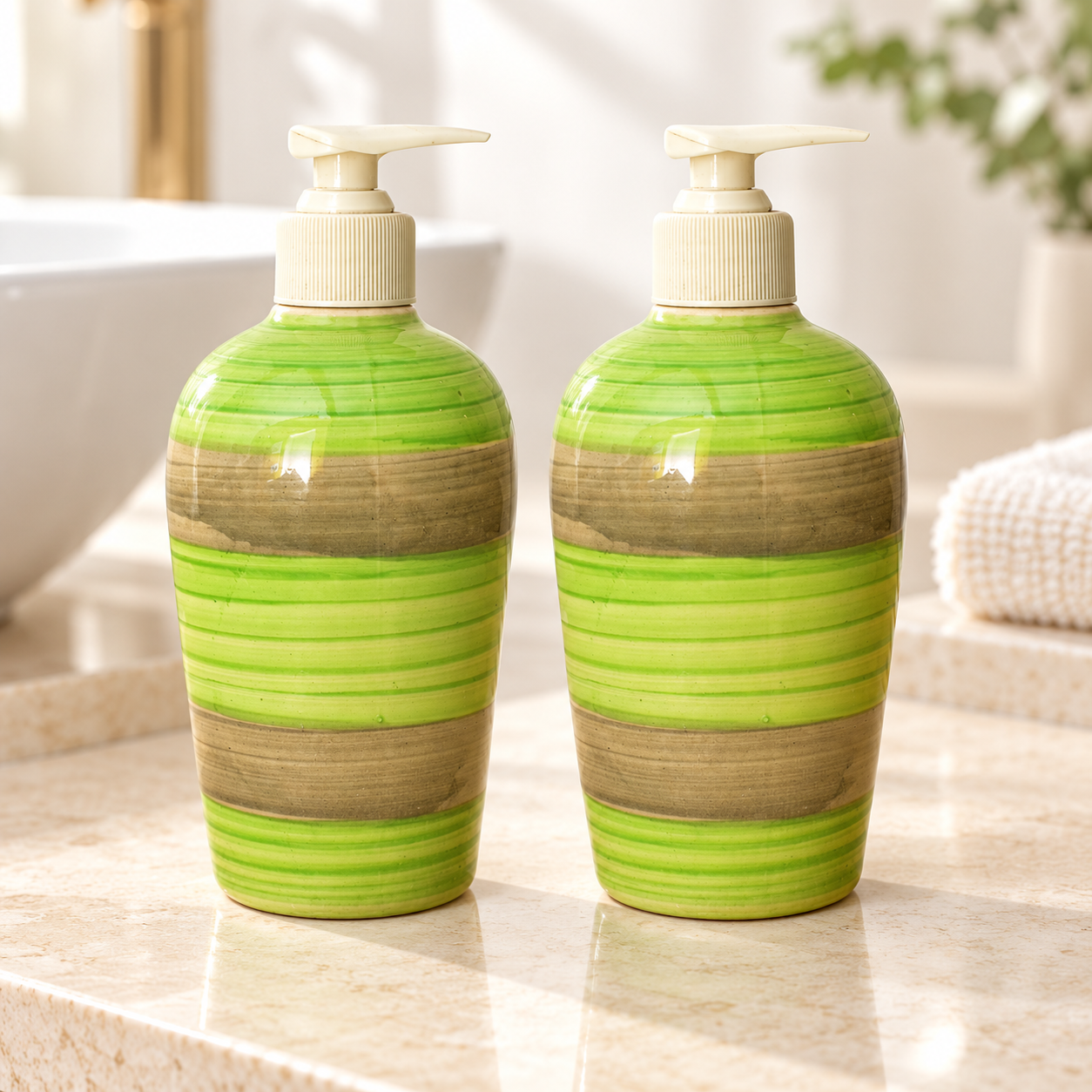 KunhaR Ceramic Long-Lasting Liquid Handwash Soap Dispenser for Bathroom | Handwash Bottle for Kitchen | Soap Dispenser for Wash Basin | Bathroom Accessories | 450 ml, 2 Pieces, Muddy Green