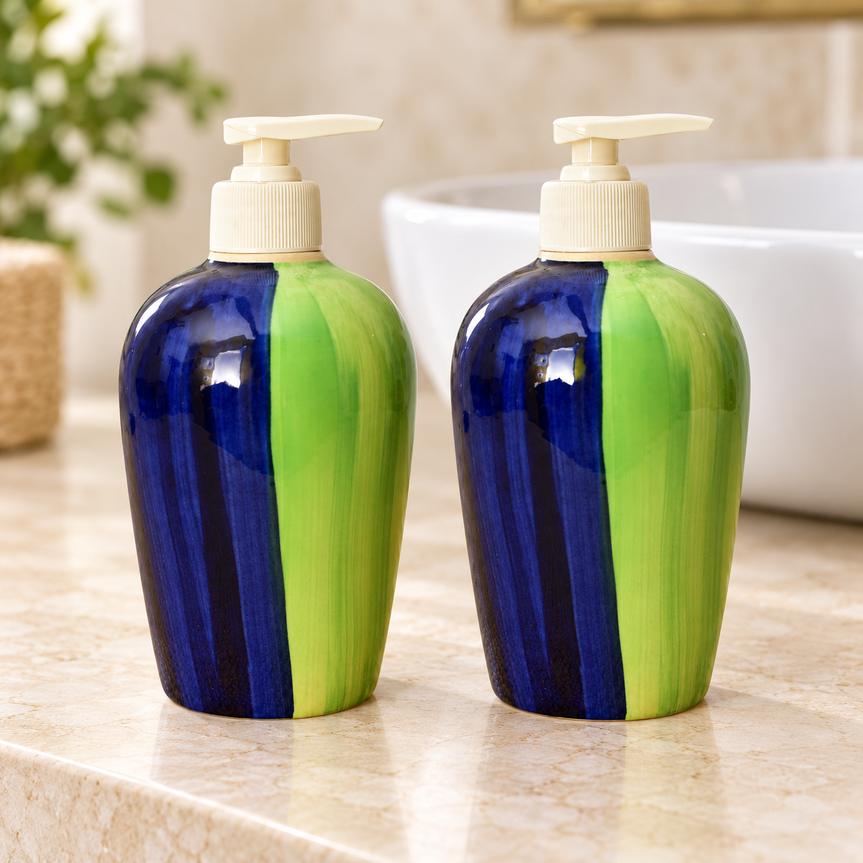 KunhaR Ceramic Long-Lasting Liquid Handwash Soap Dispenser for Bathroom | Handwash Bottle for Kitchen | Soap Dispenser for Wash Basin | Bathroom Accessories | 450 ml, 2 Pieces, Camo Green