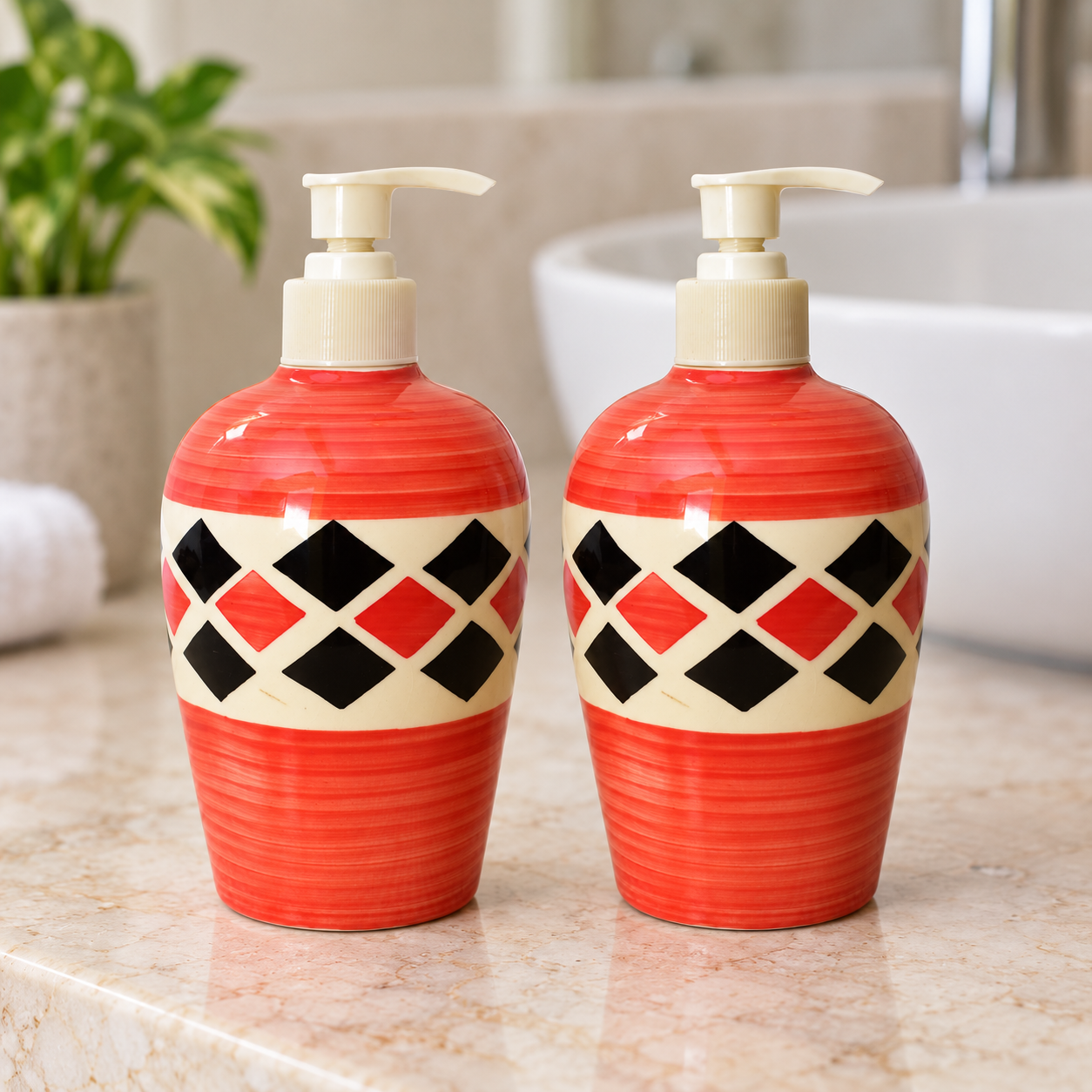 KunhaR Ceramic Long-Lasting Liquid Handwash Soap Dispenser for Bathroom | Handwash Bottle for Kitchen | Soap Dispenser for Wash Basin | Bathroom Accessories | 450 ml, 2 Pieces, Coral Red