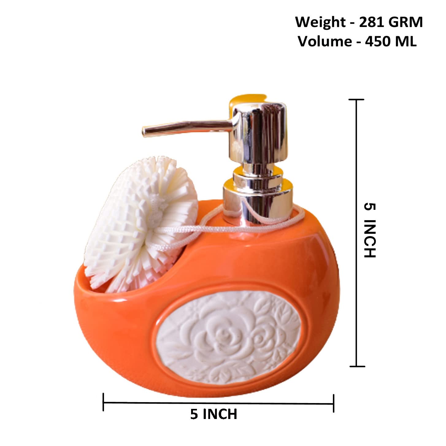 Kunhar Ceramic Liquid Soap Dispenser with Sponge, 450 Ml, Orange - Image 2
