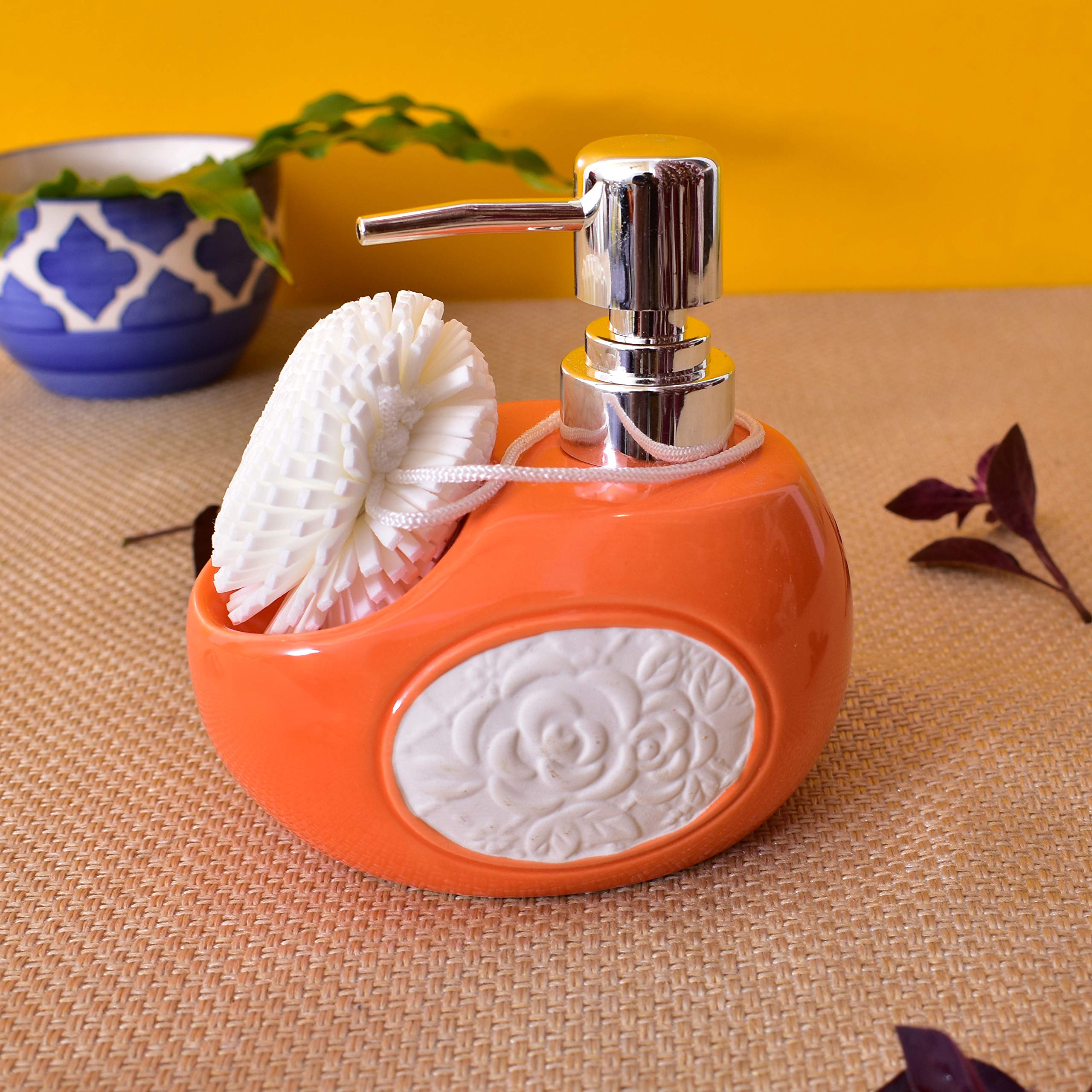 Kunhar Ceramic Liquid Soap Dispenser with Sponge, 450 Ml, Orange - Image 3