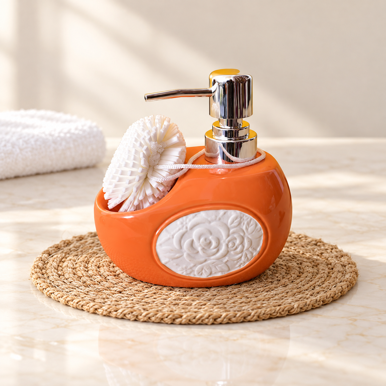 Kunhar Ceramic Liquid Soap Dispenser with Sponge, 450 Ml, Orange