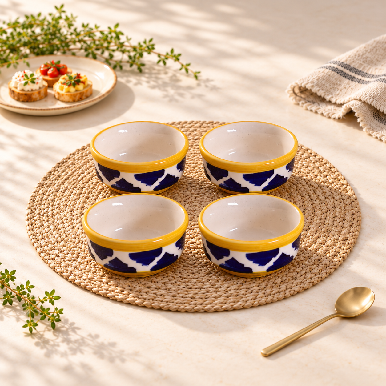 Kunhar Ceramic Sauce Holder - 100 ML, 4 Pieces, Yellow Blue