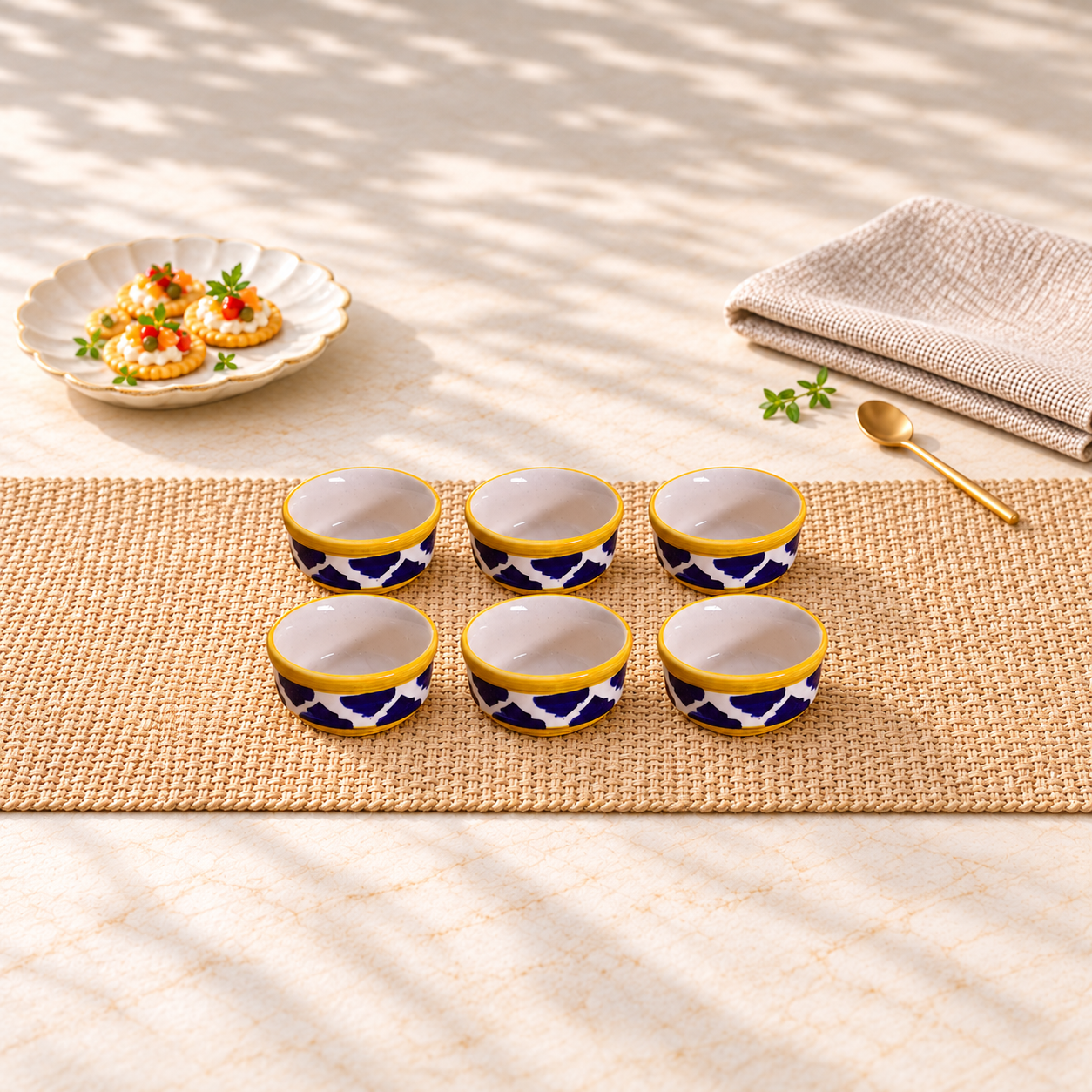 Kunhar Ceramic Sauce Holder - 100 ML, 6 Pieces, Yellow Blue