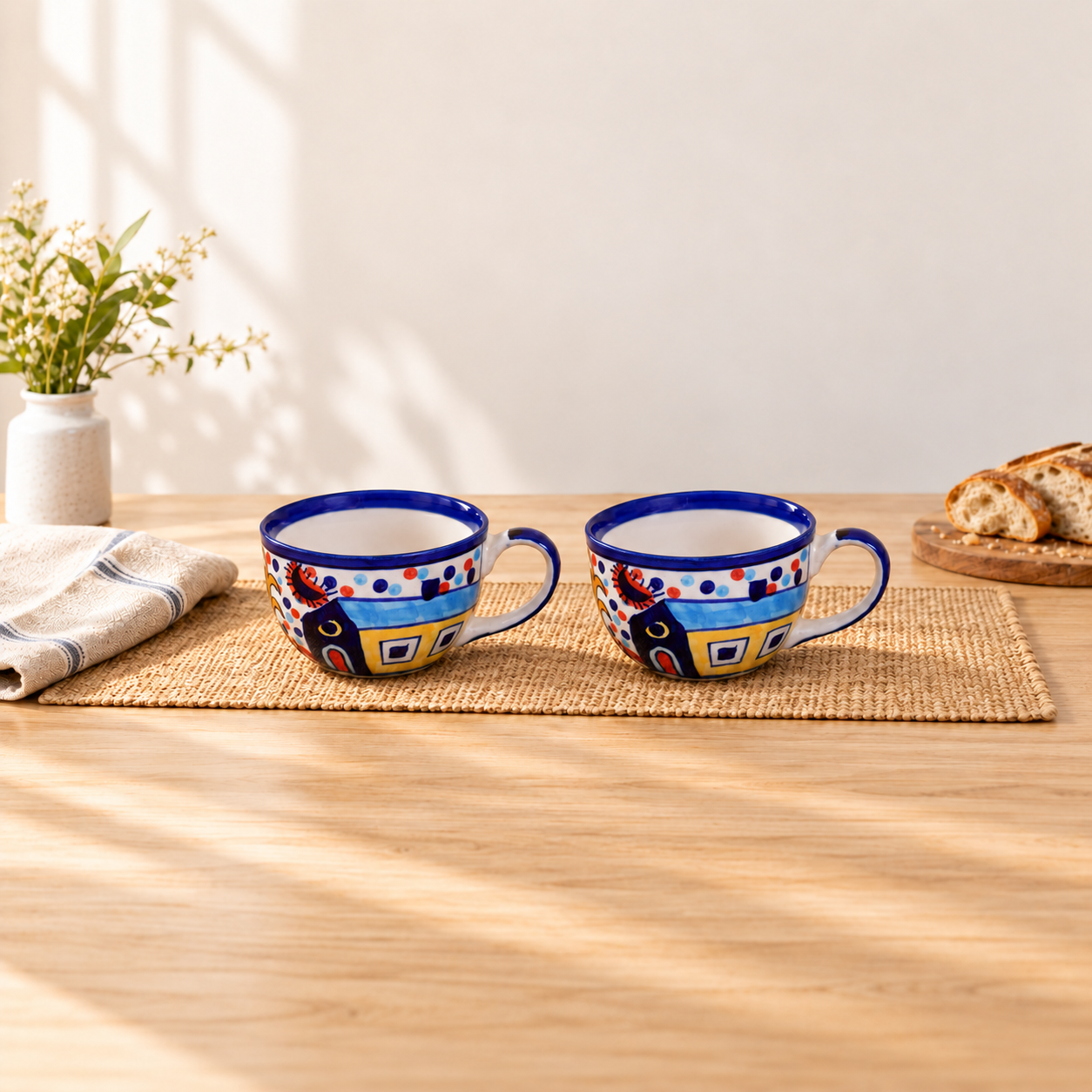Kunhar Ceramic Hut Painting Soup Mug - Multicolor, 2 Pieces, 350 ML