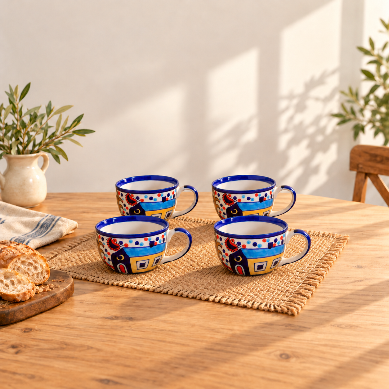 Kunhar Ceramic Hut Painting Soup Mug - Multicolor, 4 Pieces, 350 ML