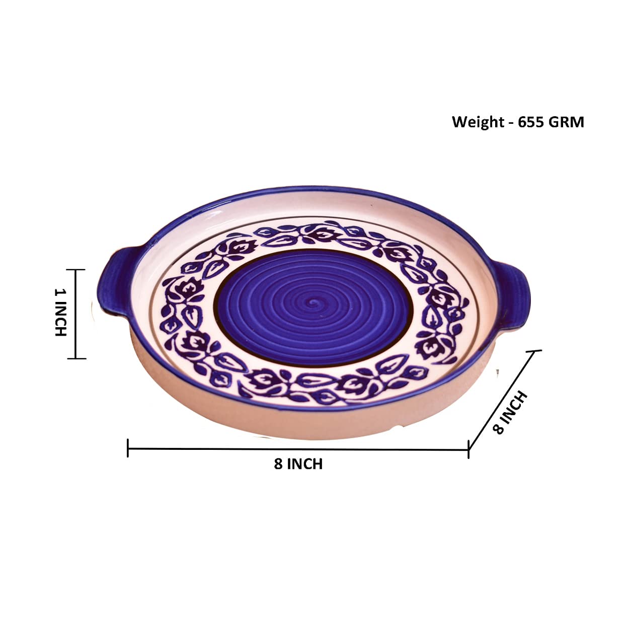 Kunhar Ceramic Snacks Serving Tray, Pizza Plate - 1 Piece, Blue Vine, 8 Inch - Image 2