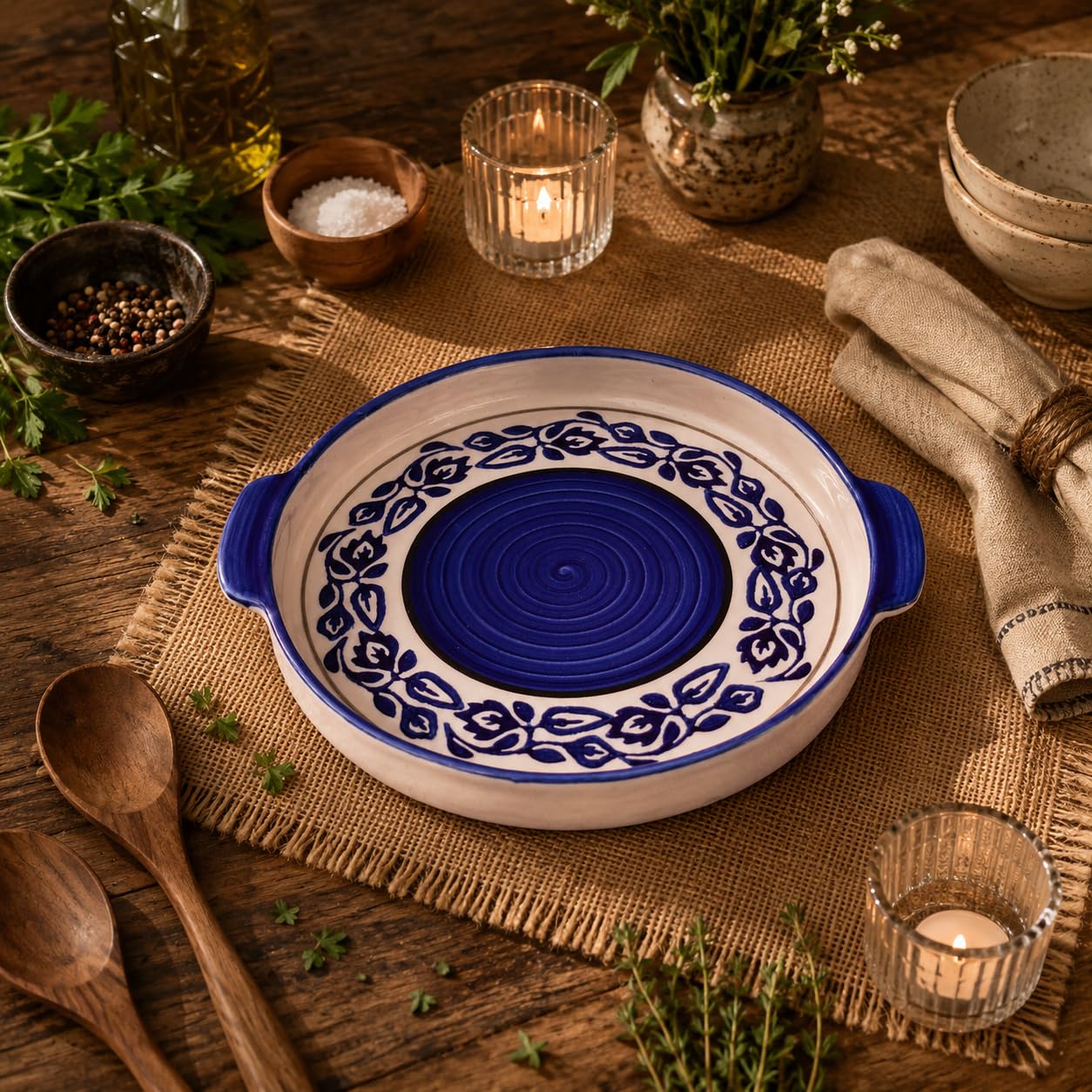 Kunhar Ceramic Snacks Serving Tray, Pizza Plate - 1 Piece, Blue Vine, 8 Inch