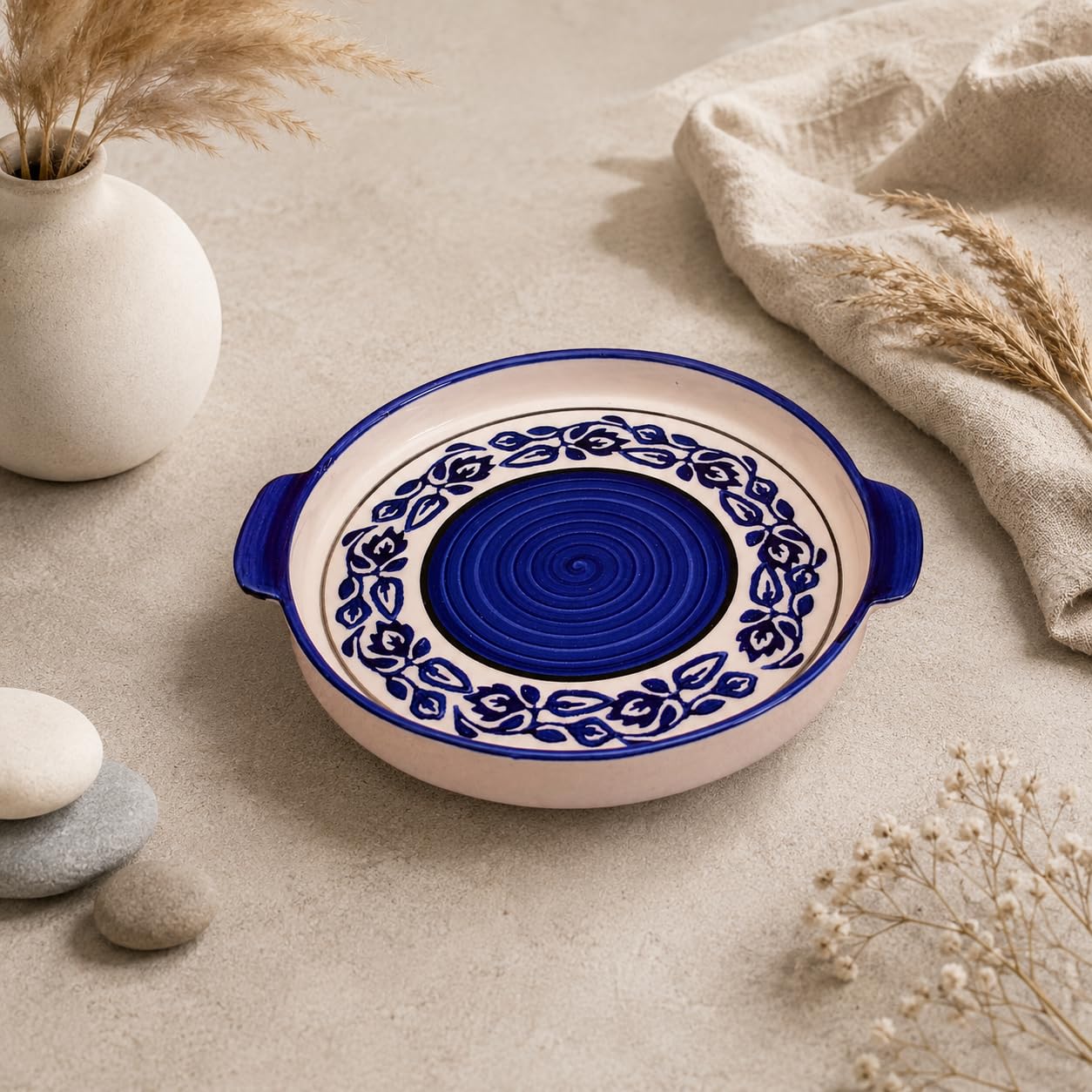 Kunhar Ceramic Snacks Serving Tray, Pizza Plate - 1 Piece, Blue Vine, 8 Inch - Image 2