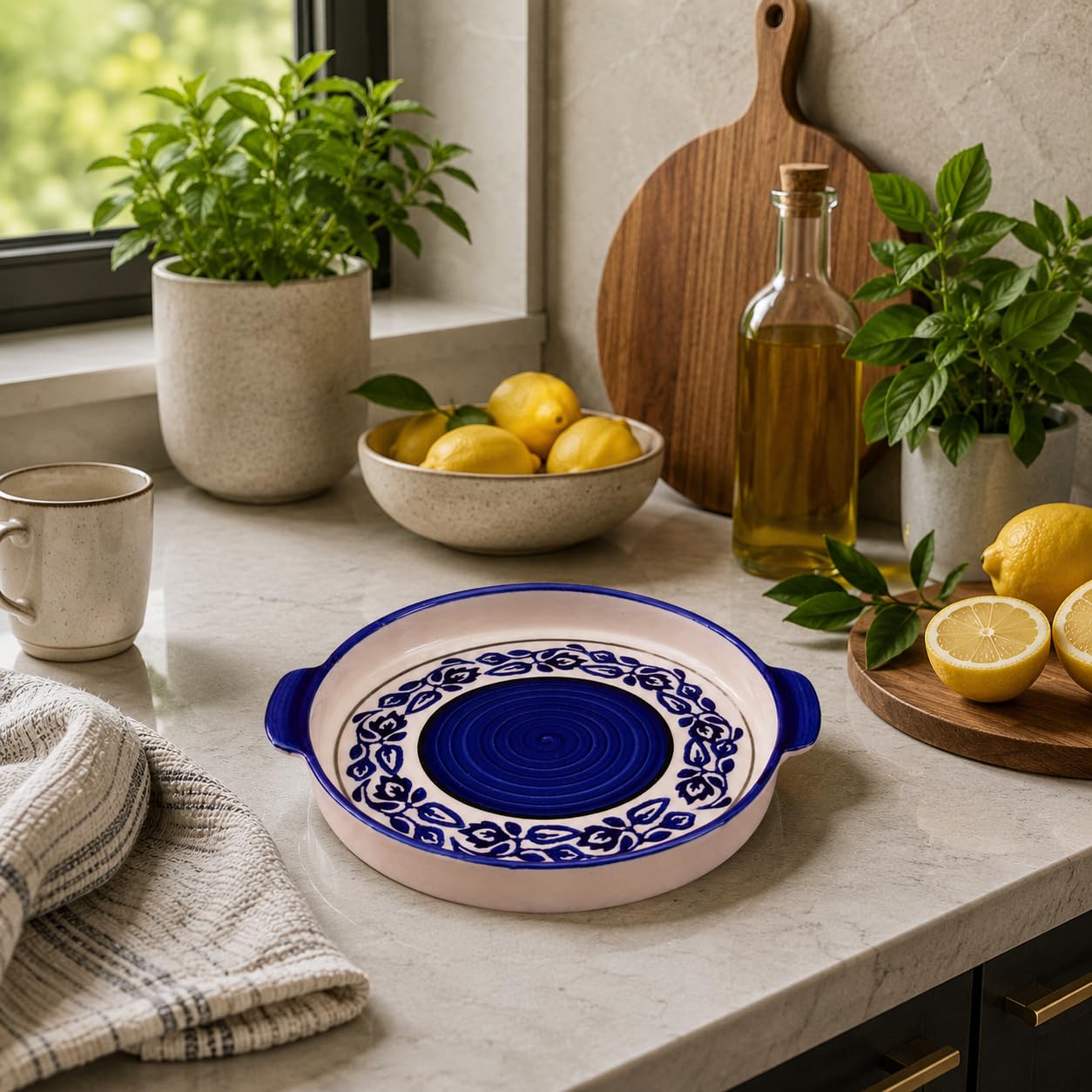 Kunhar Ceramic Snacks Serving Tray, Pizza Plate - 1 Piece, Blue Vine, 8 Inch - Image 3