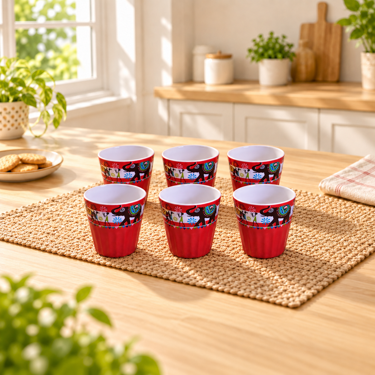 Kunhar Ceramic Tea Glass with Warli Painting, Milk Glass with Warli Painting, Coffee Glass - 6 Pieces, Dark Burgundy, 125ml