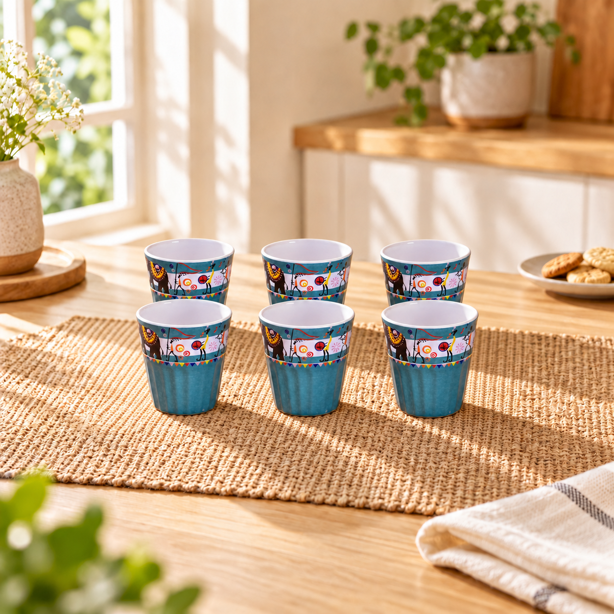 Kunhar Ceramic Tea Glass with Warli Painting, Milk Glass with Warli Painting, Coffee Glass - 6 Pieces, Denim, 125ml