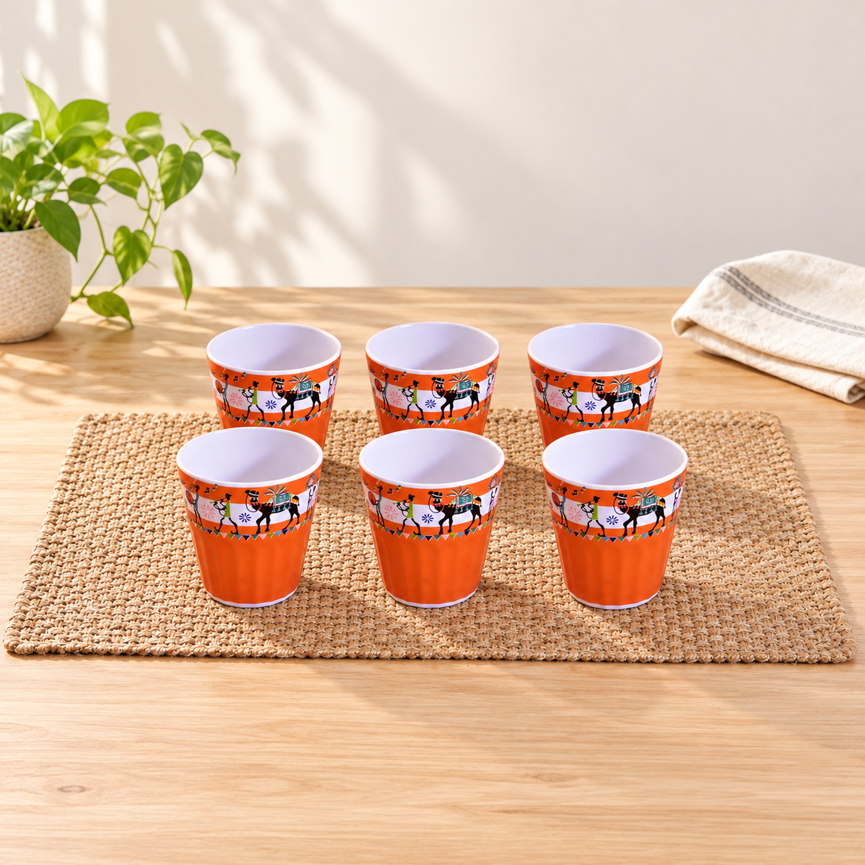 Kunhar Ceramic Tea Glass with Warli Painting, Milk Glass with Warli Painting, Coffee Glass - 6 Pieces, Rusty Red, 125ml