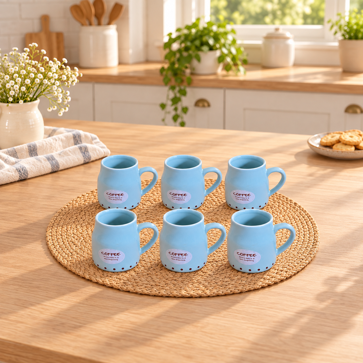 Kunhar Ceramic Tea Cups, Coffee Cups - 6 Pieces, Blue Hosta, 160 Ml