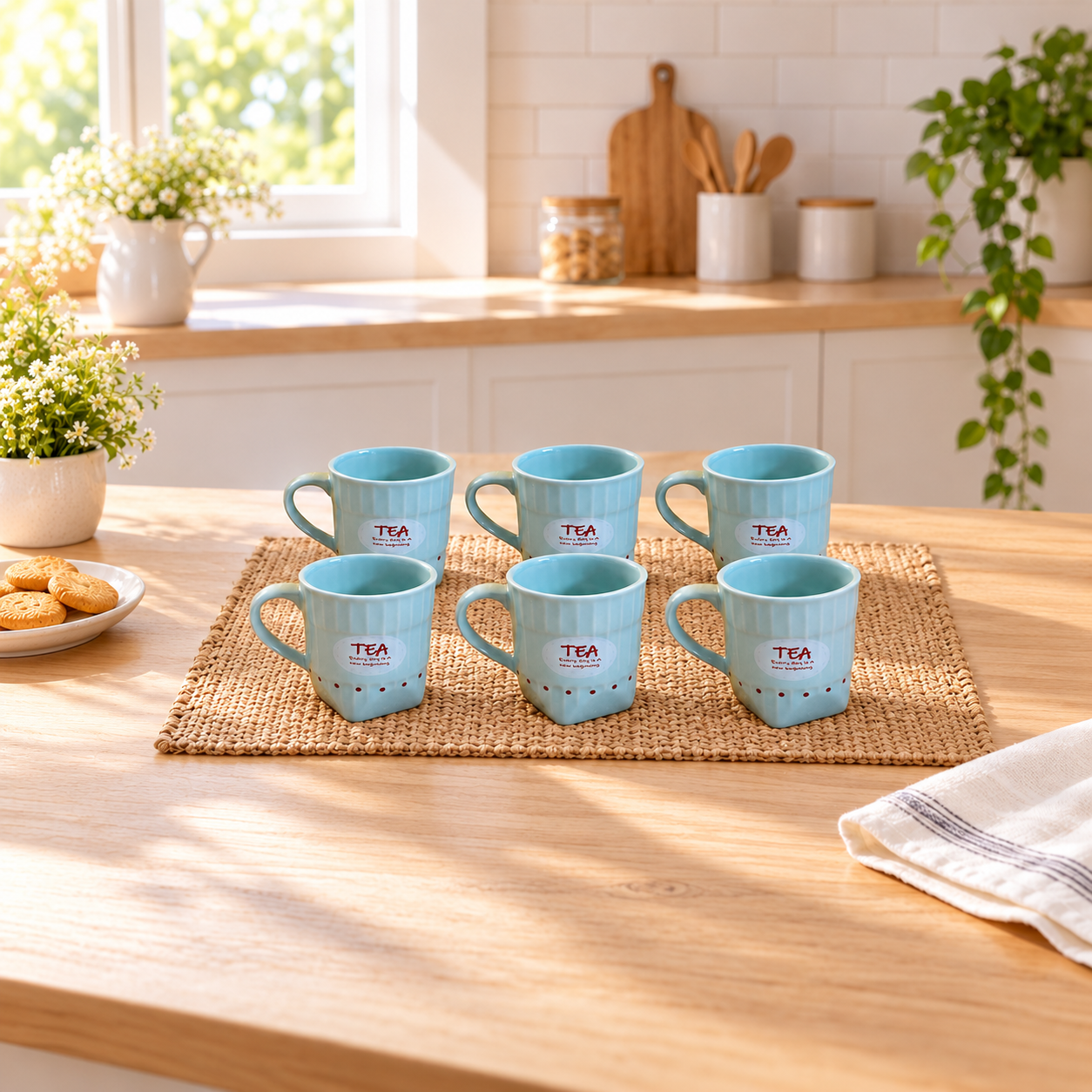 Kunhar Ceramic Tea Cups, Coffee Cups - 6 Pieces, Blue Hosta, 150 ml