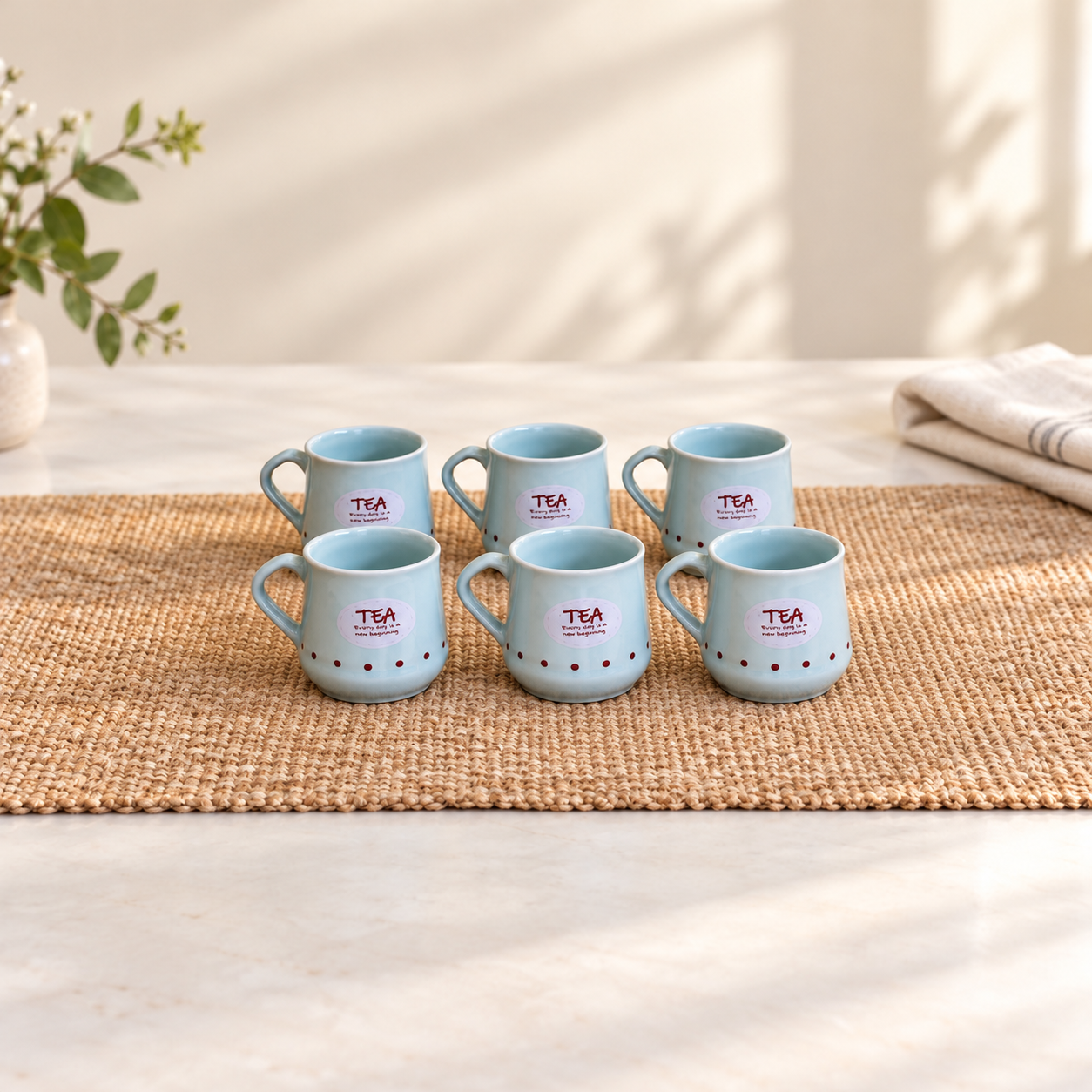 Kunhar Ceramic Tea Cups, Coffee Cups - 6 Pieces, Blue Hosta, 180 Ml