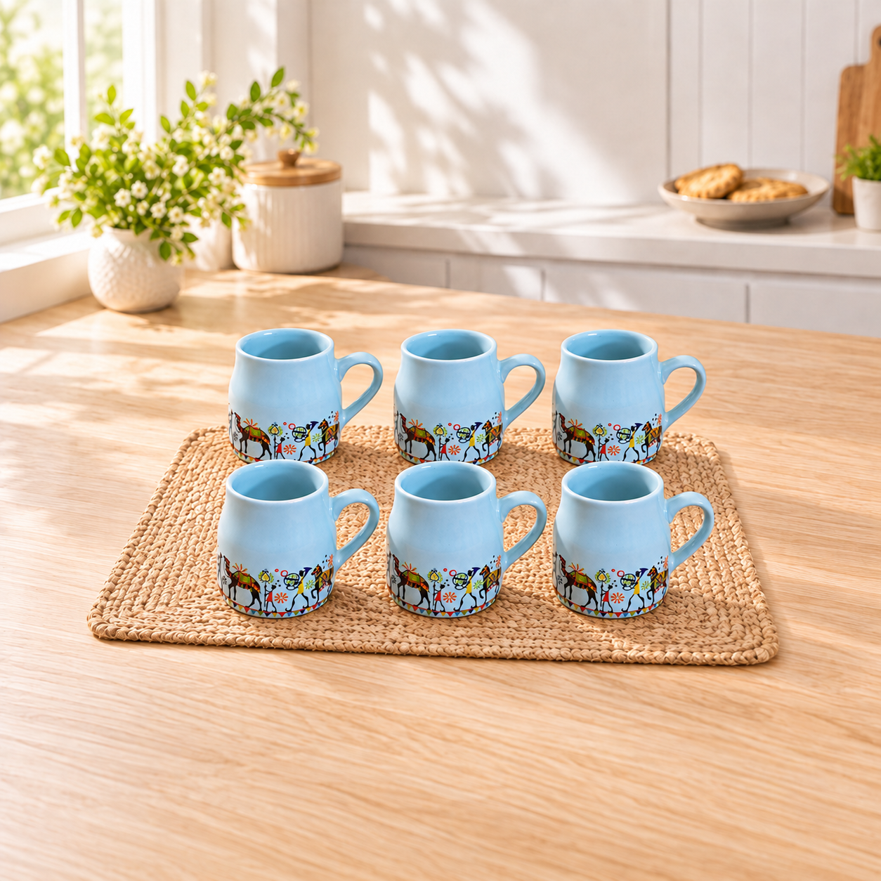 Kunhar Ceramic Tea Cups, Coffee Cups - 6 Pieces, Blue Hosta, 160 Ml