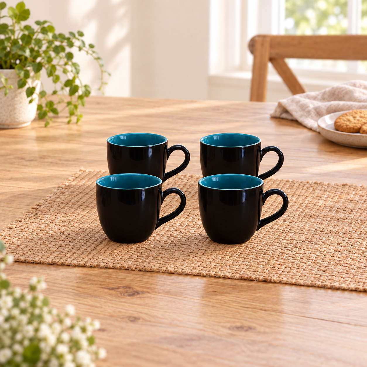 Kunhar Ceramic Tea Cup - 150 Ml, 4 Pieces, Black Blue