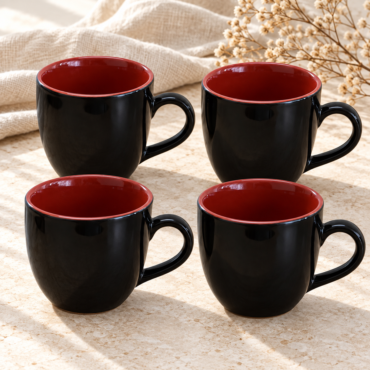 Kunhar Ceramic Tea Cup - 150 Ml, 4 Pieces, Black Red